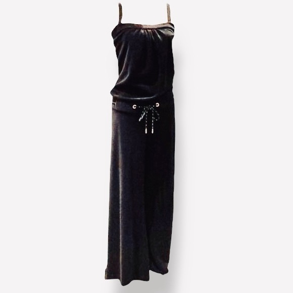 JUICY COUTURE Black Velour Wide Leg Romper Jumpsuit w Drawstring Waist Y2K - Picture 3 of 12